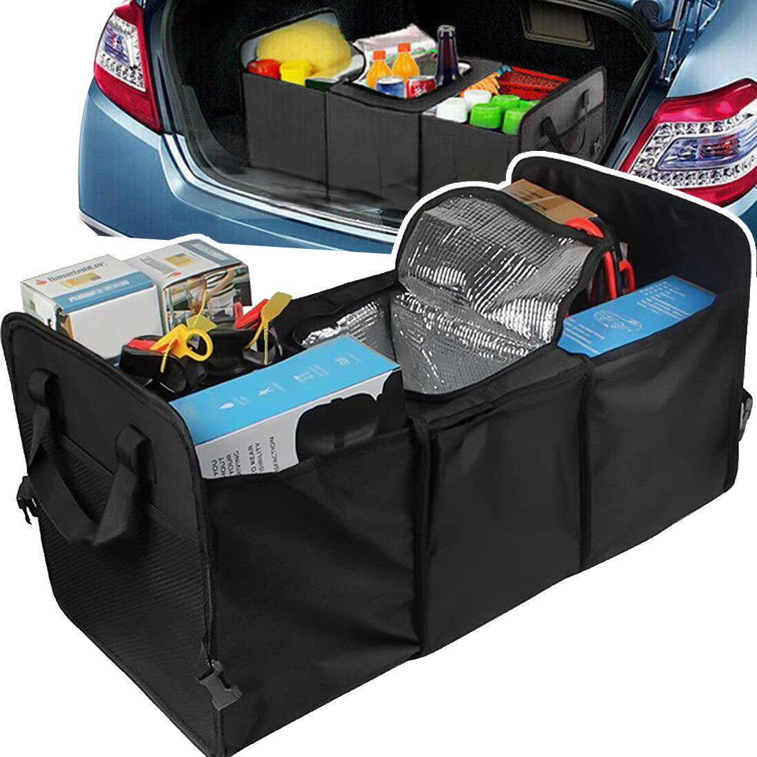 3-IN-1 CAR BOOT ORGANISER TIDY BACK for SEAT STORAGE BAG BOX POCKET NET ACCESSORIES Q