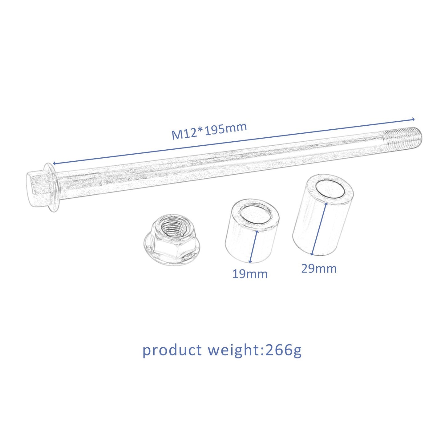 12mm x 195mm front wheel axle for Apollo CRF 50cc, 70cc, 110cc, and 125cc Dirt Pit bicycles.
