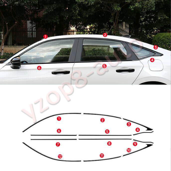 12x for Honda for Civic 2022-2023 Sedan Black Stainless Full window Cover Strip Trim