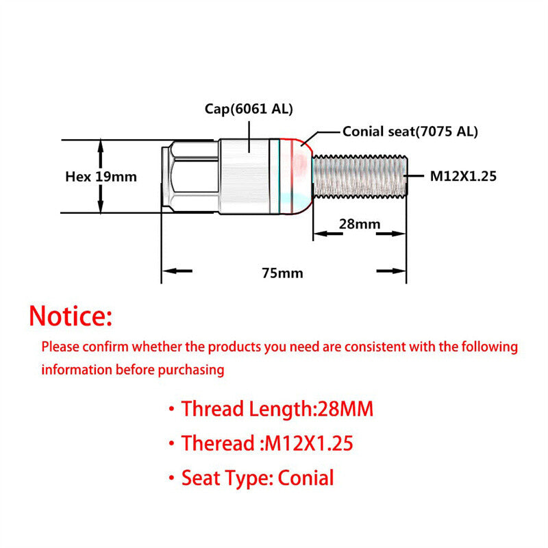 M12x1.25Wheel Lug Bolts 20pc Cone for Seat Studs 28mm Shank for Jeep for Chrysler Silver