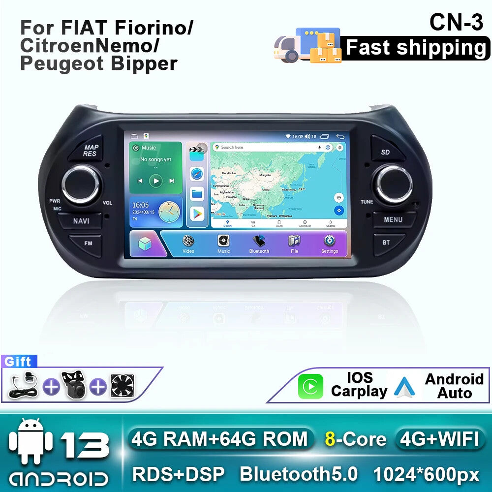 for Fiat Fiorino Qubo for Citroen Nemo for Peugeot Bipper Car Radio CarPlay GPS Player