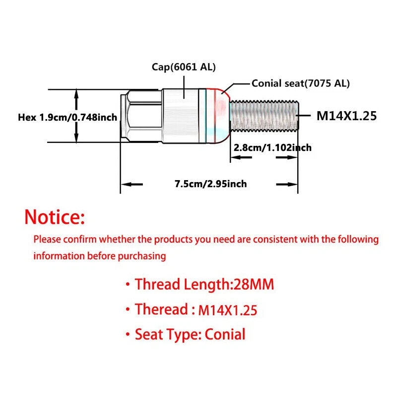 20x M14x1.25 Wheel Lug Bolt28mm Shank Cone for Seat Stud for Most Aftermarket Orange Q