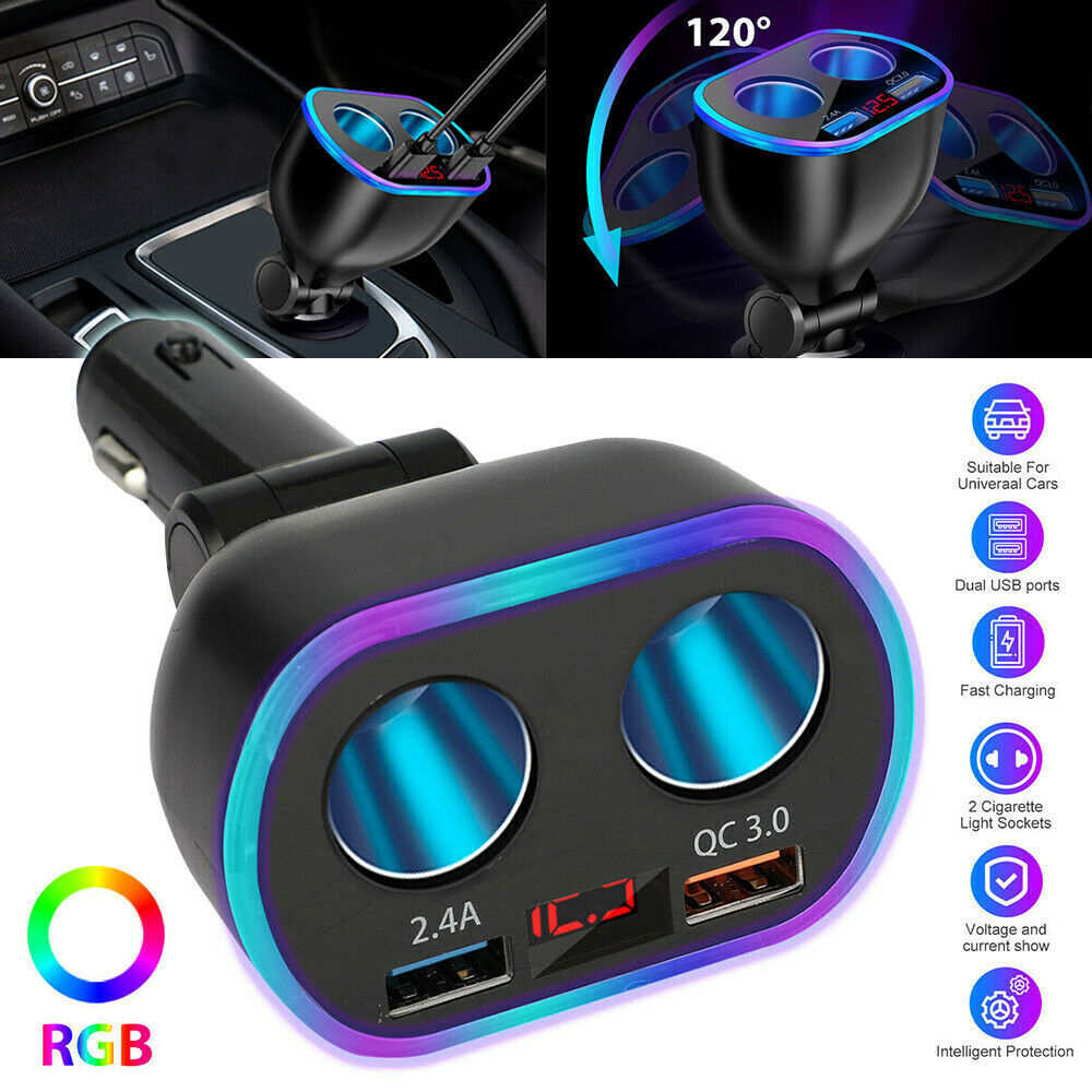 DC12V 2 Way QC3.0 Car Cigarette Lighter Socket Splitter Dual USB Charger Adapter