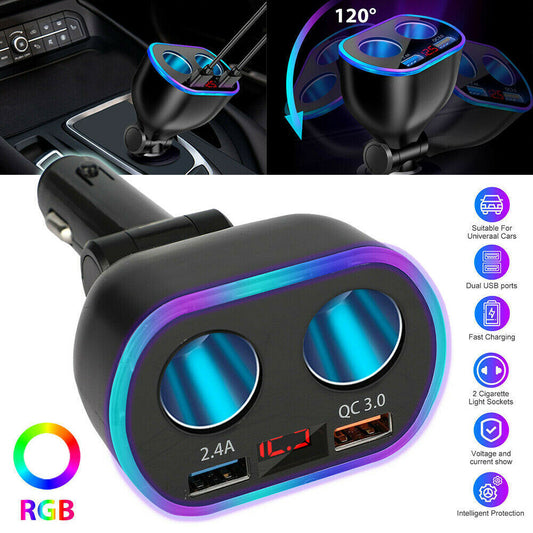 DC12V 2 Way QC3.0 Car Cigarette Lighter Socket Splitter Dual USB Charger Adapter