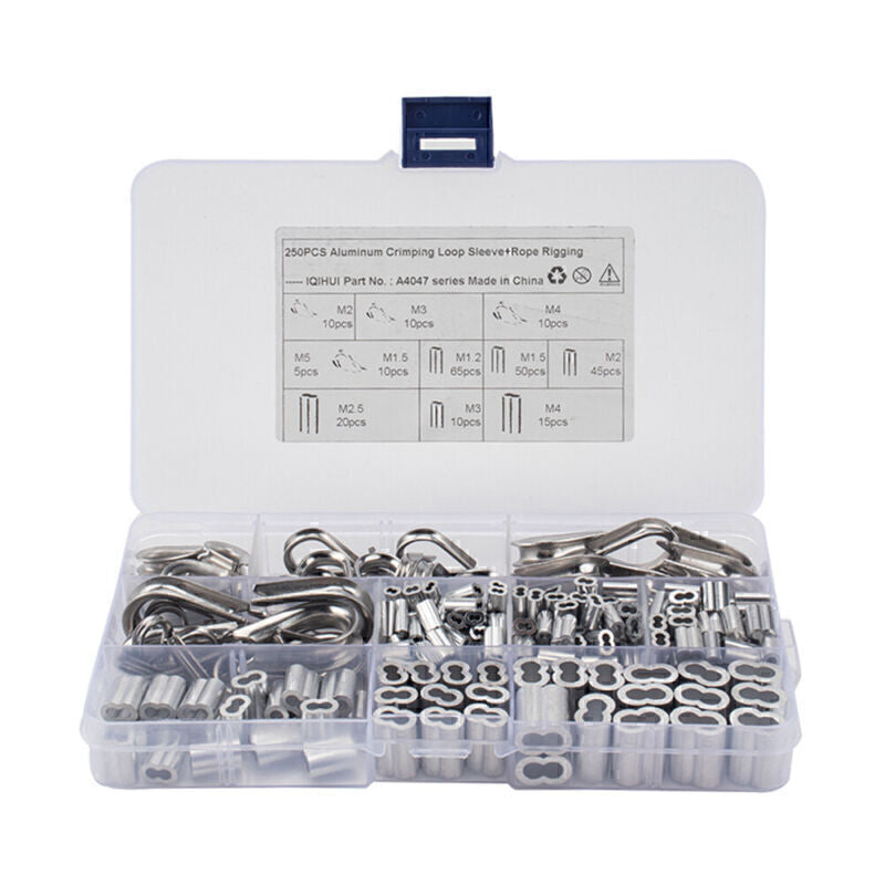 250Pcs M2/3/4/5 Crimping Loop Sleeve Assortment Kit for Wire Rope Cable Thimbles