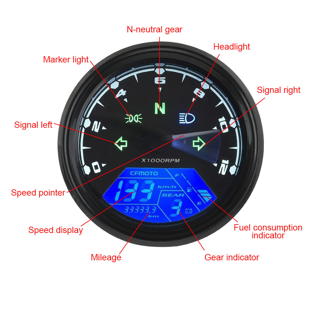 12000RPM LCD digital instrument panel for motorcycles: tachometer, speedometer, and odometer universal. n