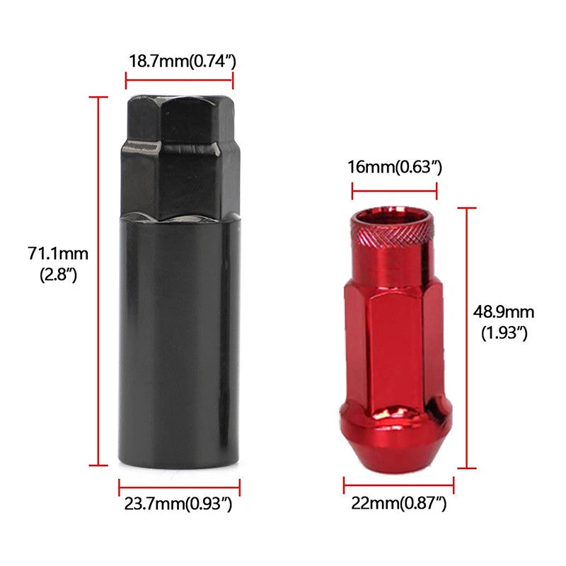 20Pcs M12x1.25 Car 48mm Open End Lug Nut Set Steel Wheel Nut Bolts w/Socket Red Q