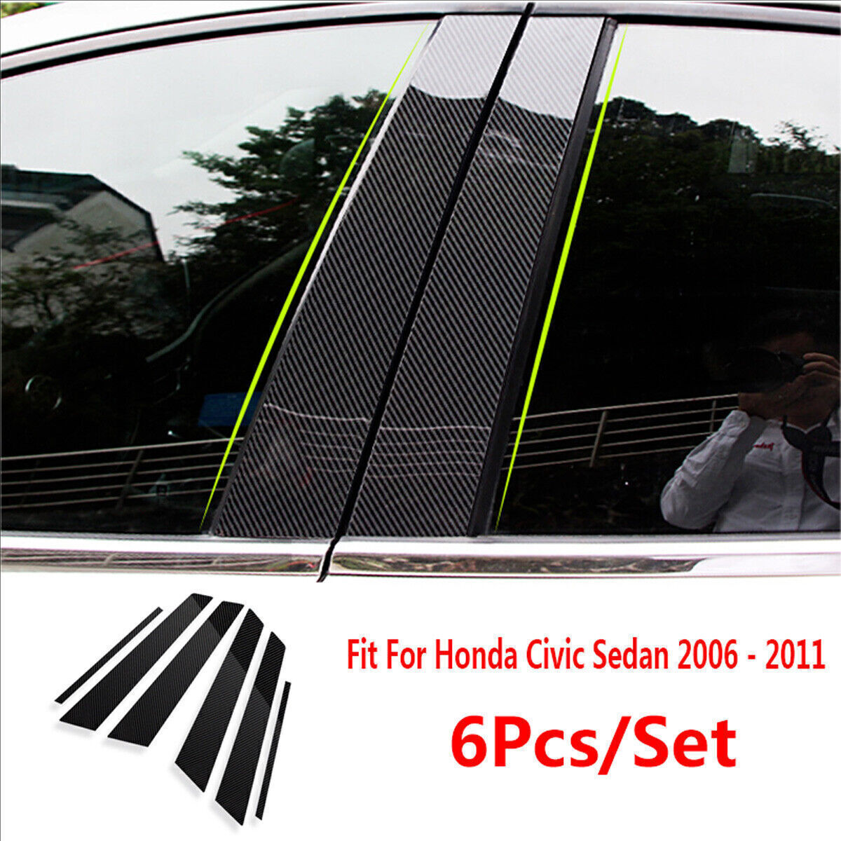 for Honda for Civic Sedan 2006-11 Carbon Fiber Pillar Post Door Window Molding Strip