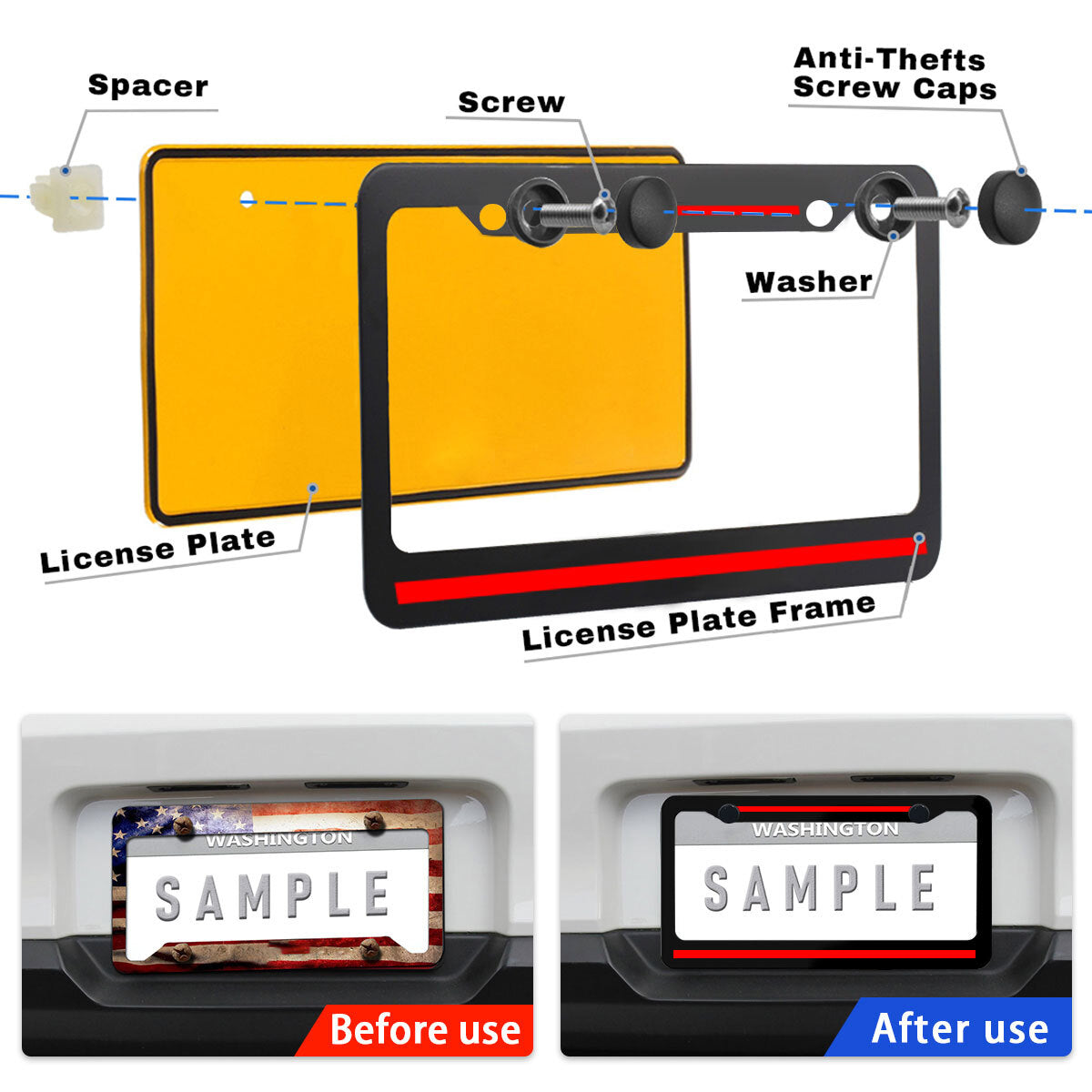 2-Piece Red Thread Metal Truck Car License Plate Frame Firefighter Cover for EMT Men - n