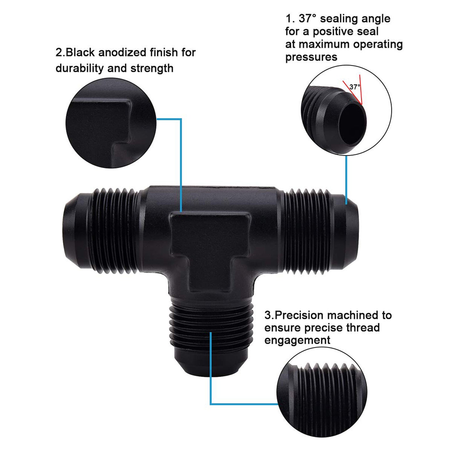 3-Way Tee T-Piece Fitting Adapter AN12 12-AN Male to 2X AN12 12-AN Male BLACK