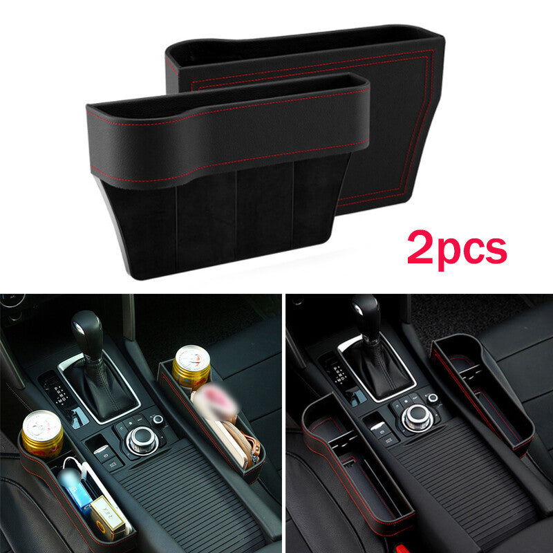 2-Piece Car for Seat Gap Storage Box, Cup Holder Organizer, PU L+R, Black Leather with Red Stitching n