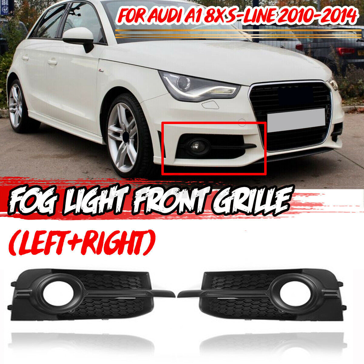 Front bumper grille and fog light protective covers (left + right) for Audi A1 8X S series 2010-2014.