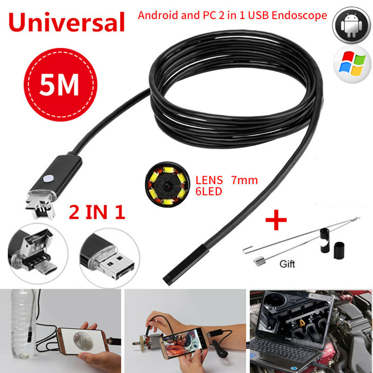 5M 6LEDs Snake Endoscope Borescope 7mm Inspection USB Camera Scope For Android