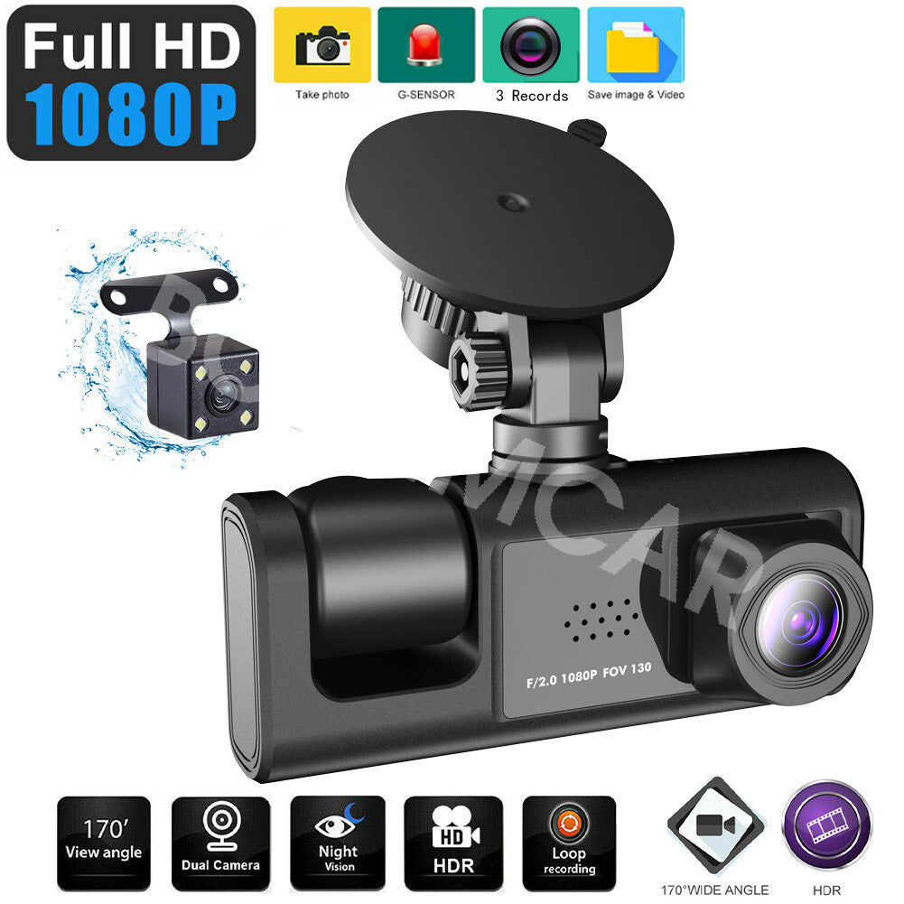 Car 1080P 3 Lens Dash Cam Recorder G-sensor Front Rear Inside Video Camera DVR