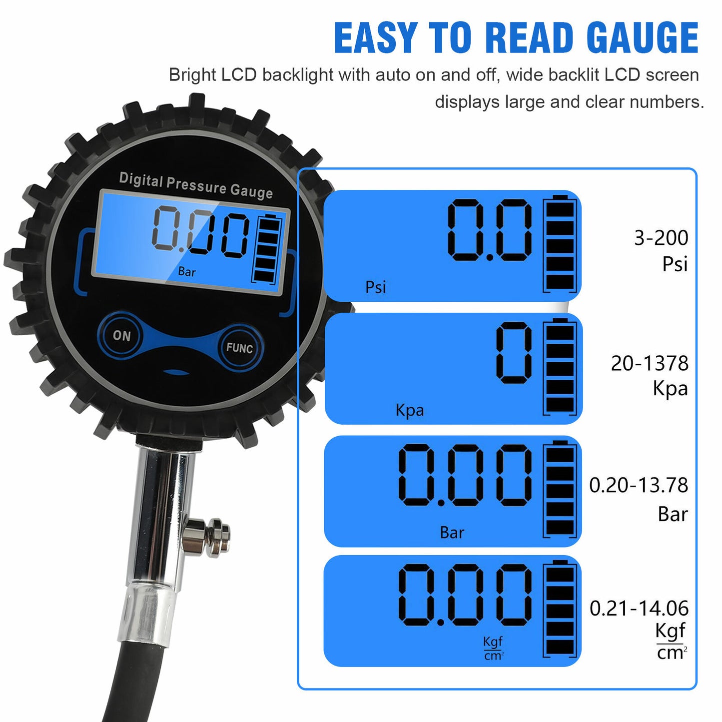 Digital tire pressure gauge 200PSI with quick-connect rubber hose.