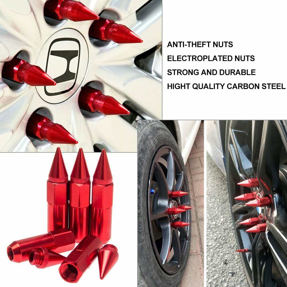 Red Spike Lug Nuts 12X1.5 Cap Extended Tuner Aluminum Racing Wheel Rim 20 Pieces