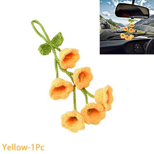 Bell Flower Hand Knitted Cute Car Accessory for Rear View Mirror Hanging Yellow