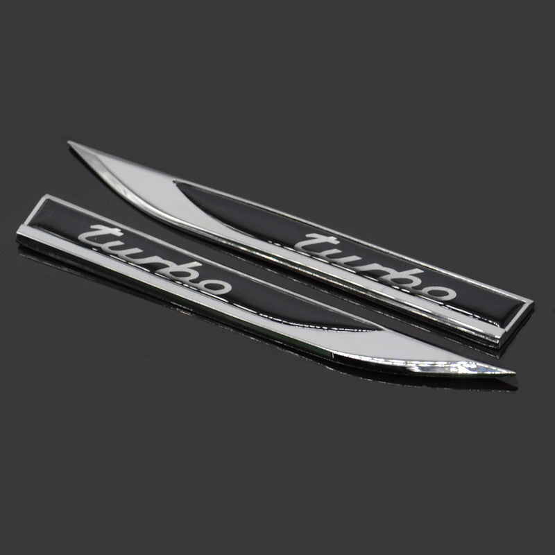 2 Pcs Black TURBO Logo Car Blade Dagger Sticker Metal Emblem Body Fender Badge