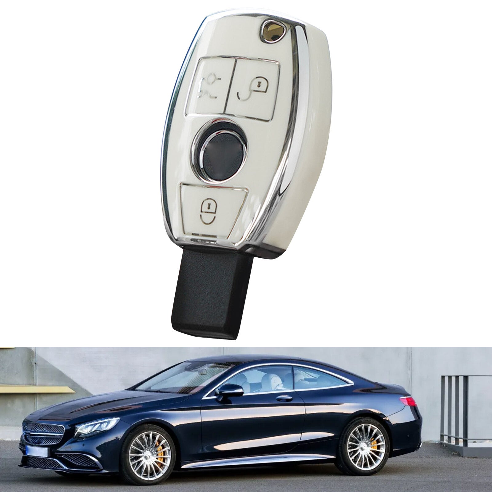 TPU key case Fob protective cover holder, white and silver, suitable for Mercedes-Benz accessories. Q