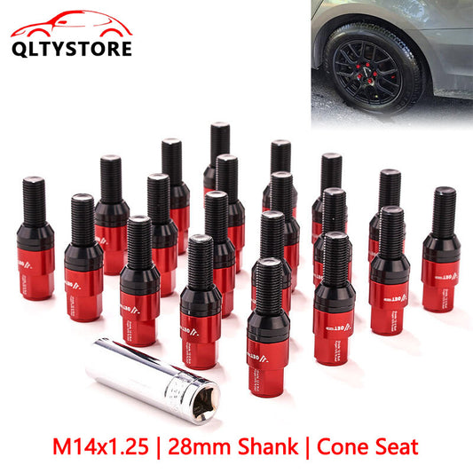 20x M14x1.25 Wheel Lug Bolt 28mm Shank Cone for Seat Stud for Most Aftermarket Red Q