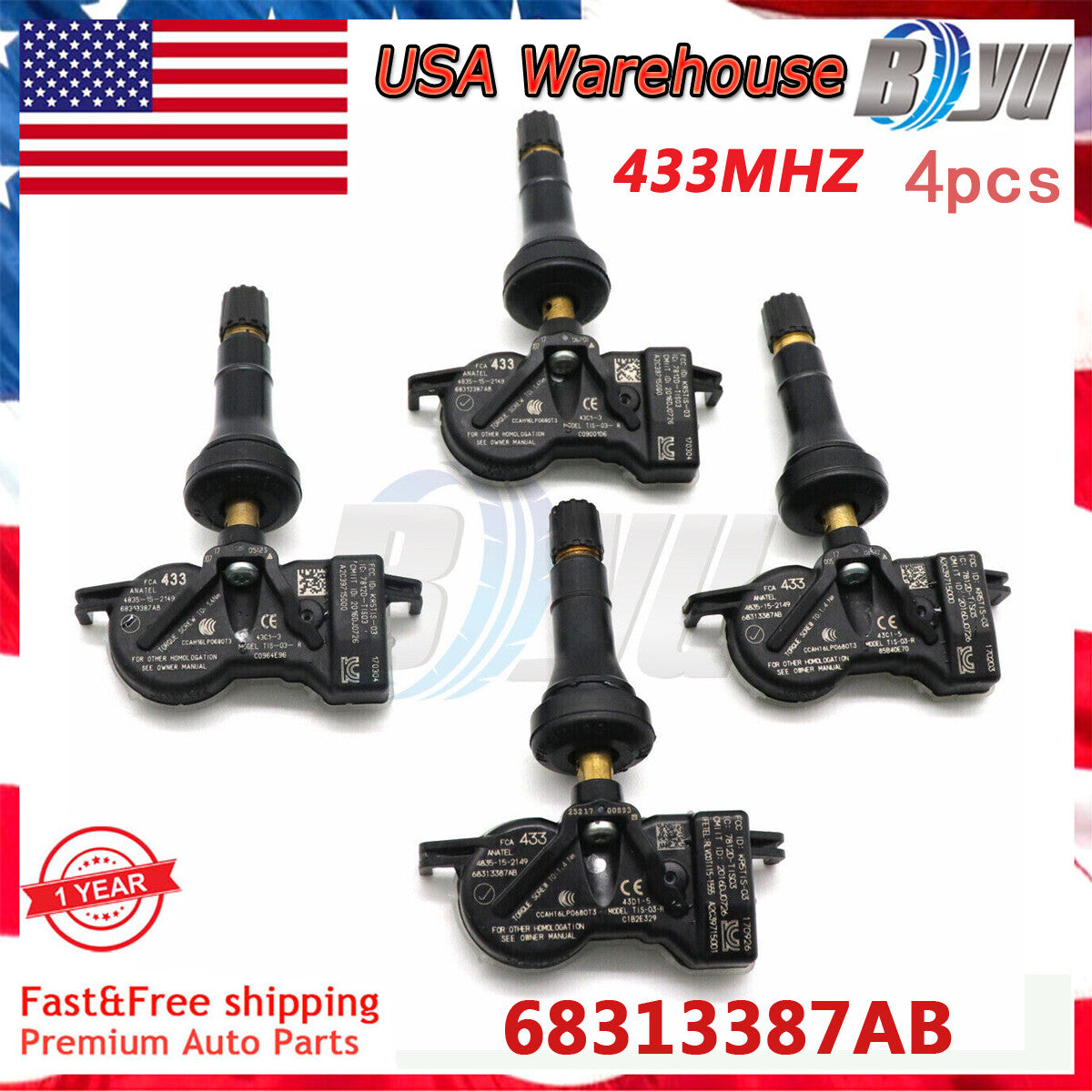 Set of (4) 68105280AF TIRE PRESSURE SENSOR TPMS 433Mhz For 2013-2016 for Dodge Dart