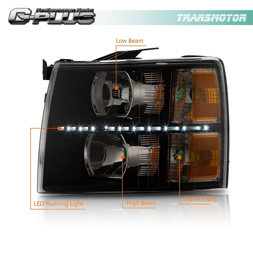 Fits 2007 - 2014 for Silverado LED DRL Black Housing Headlight Amber Corner - v