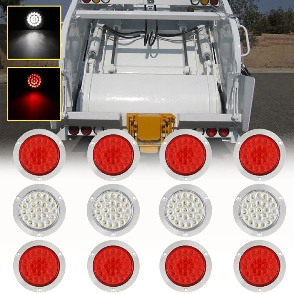 4 LED Round Stop Turn Tail Backup Reverse Truck Trailer Lights 8Red + 4White