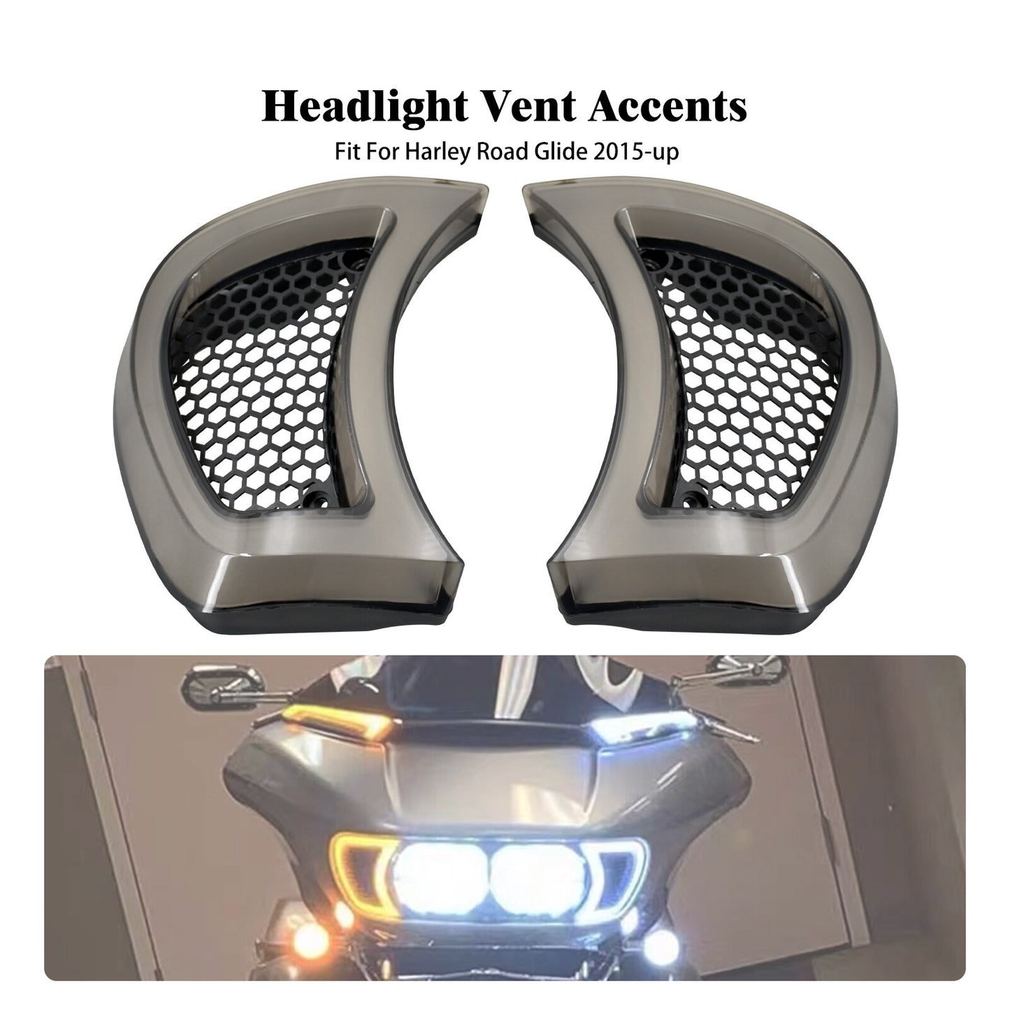 Headlight Vent Accent w/ Smoke Lens LED Light Fit for Harley Road Glide 15-2023 Q