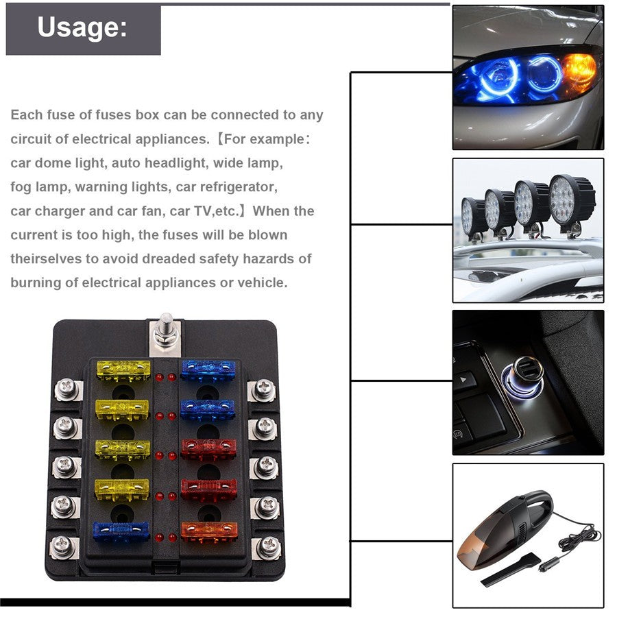 Car 10-Way Blade Fuse Box Block Holder Indicator w/ Fuses For 12V 24V Car