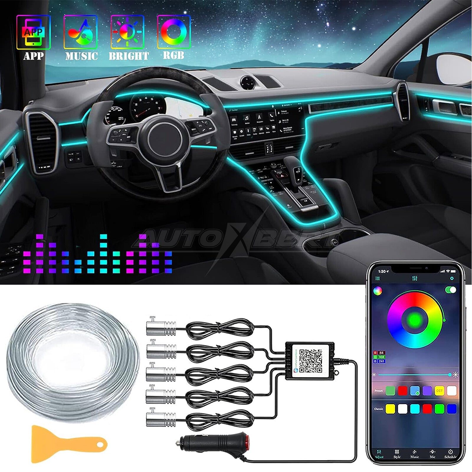 Upgrade Car Led Strip Lights RGB Music Interior Ambient Lighting Kit APP Control