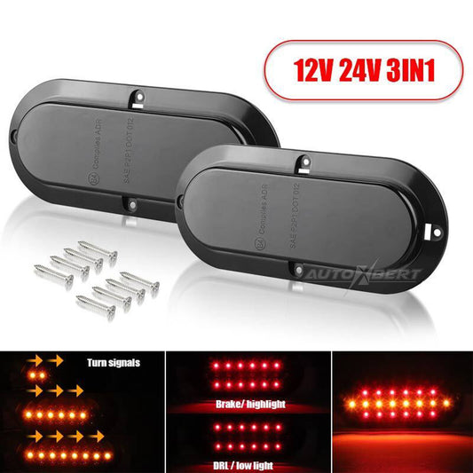 2X Oval LED Turn Tail Brake Lights Amber Red Flowing DRL Trailer Truck 12V 24V