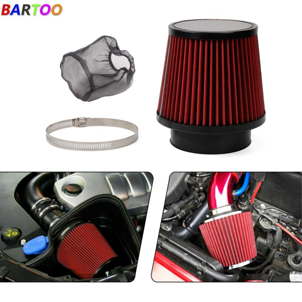 Red 3 76mm Dry Air Filter Inlet Cold Air Intake Cone w/Air Filter Dust Cover Q