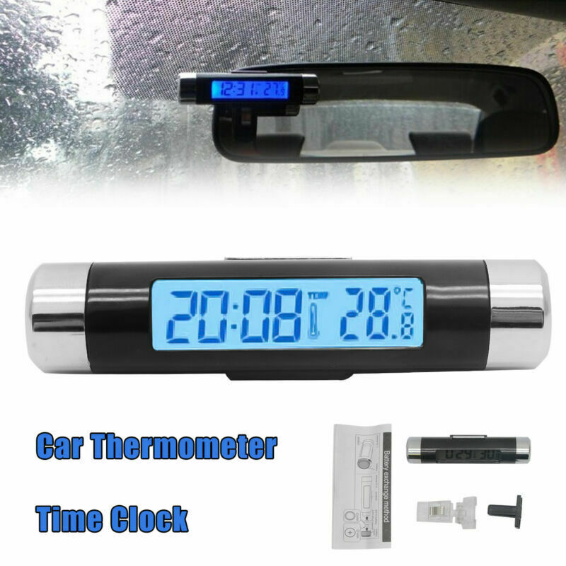 Car Clock Thermometer Barrel Shaped LCD Display Air Vent Clip On LED Car Digital