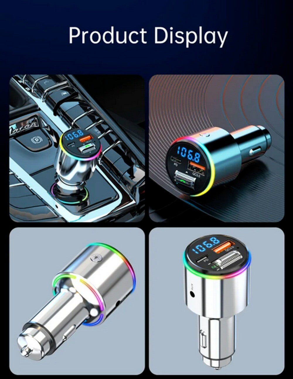 RGB Light Bluetooth FM Transmitter Stereo Car AUX MP3 Player QC3.0 Quick-Charger n
