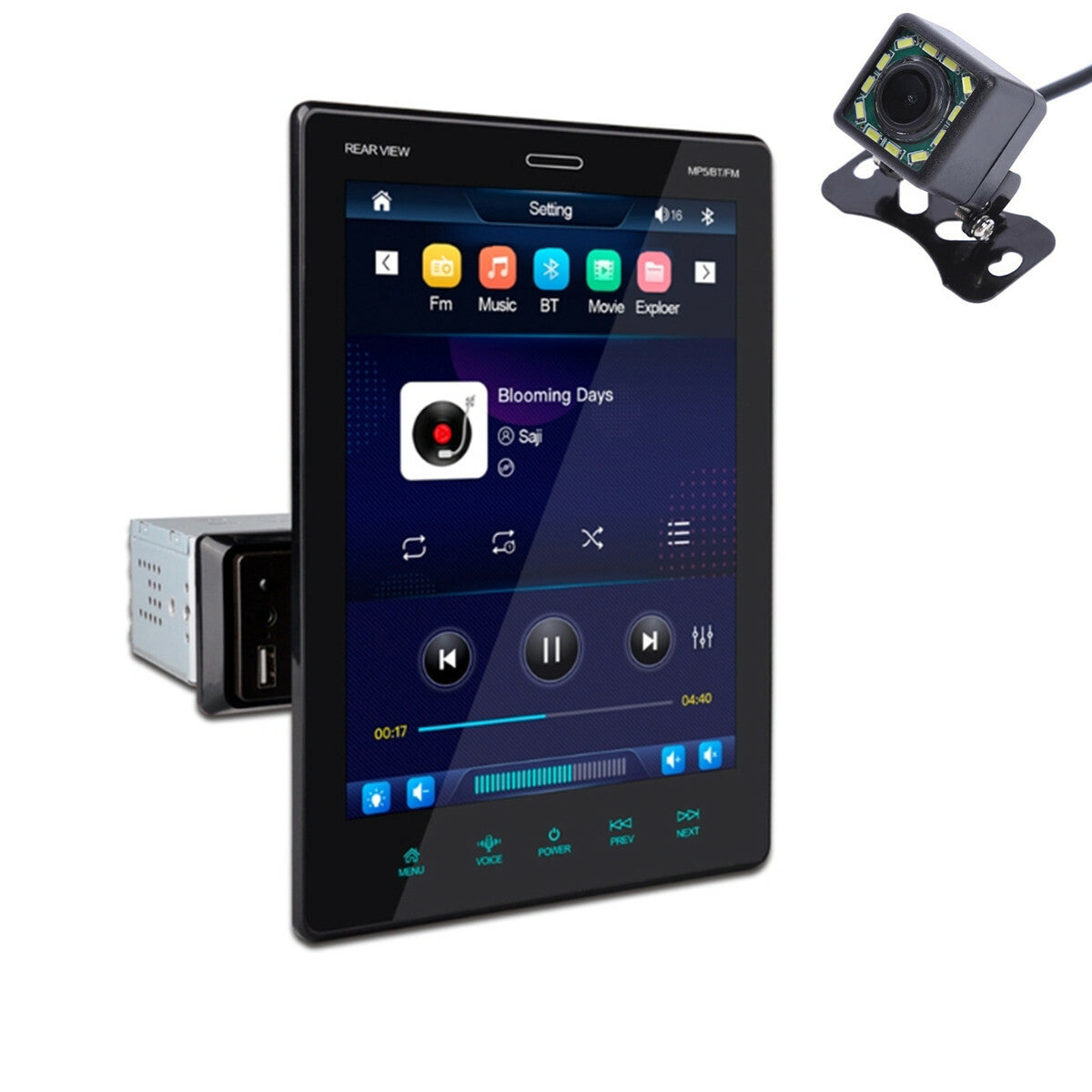Single DIN car stereo radio with 9.5-inch touchscreen, Bluetooth mirrored connection, and camera. n