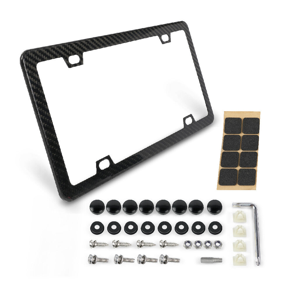 New Universal Real Carbon Fiber License Plate Holder Frame Screw Caps+Cover