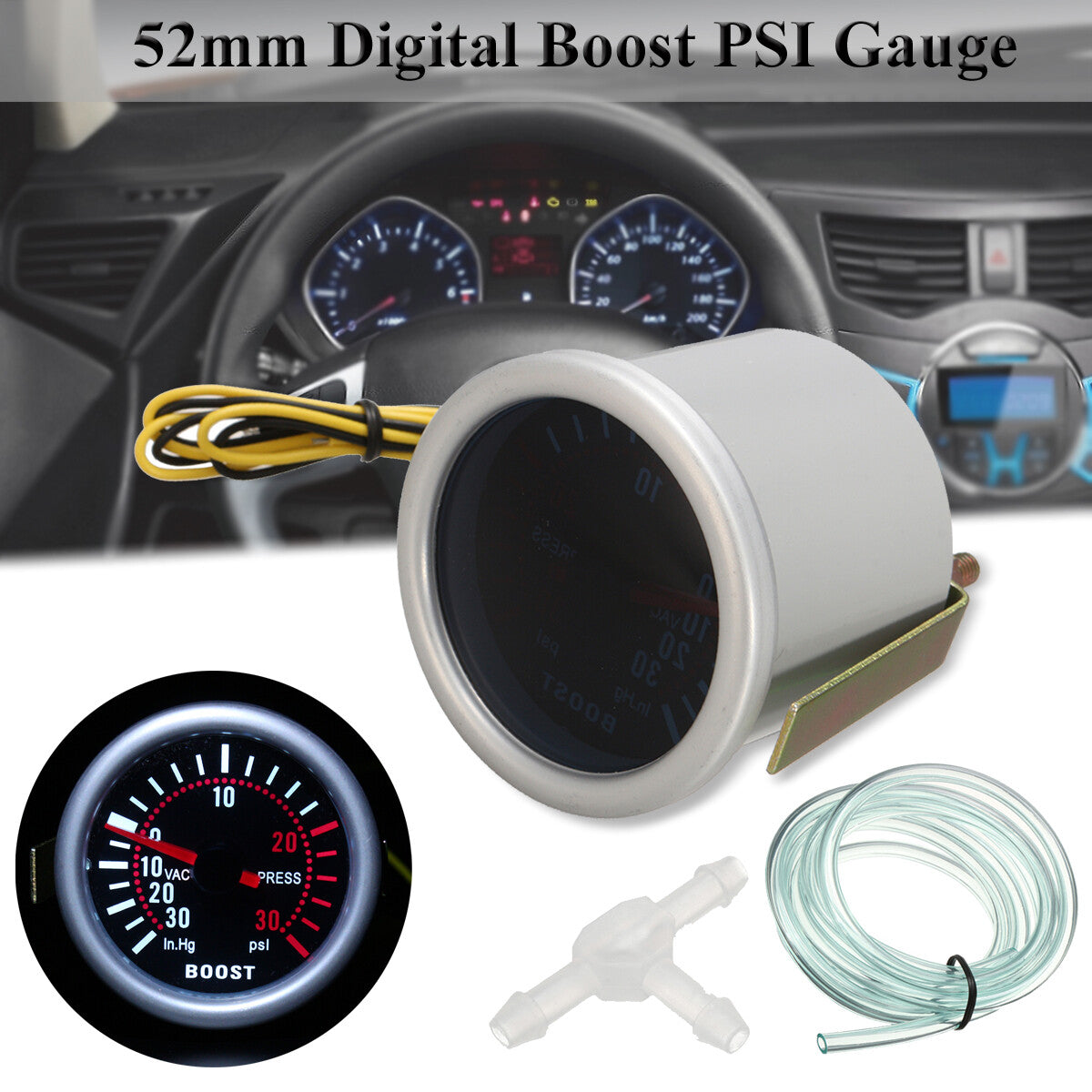 12V 2 52mm Digital  Pointer LED Car Turbo Boost Meter 0-30 Psi Pressure Gauge