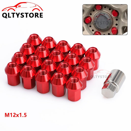 M12x1.5 16Pcs 35mm Close End Lug Nuts + 4Pcs Anti Theft Wheel Lock Nut Red Alumi Q