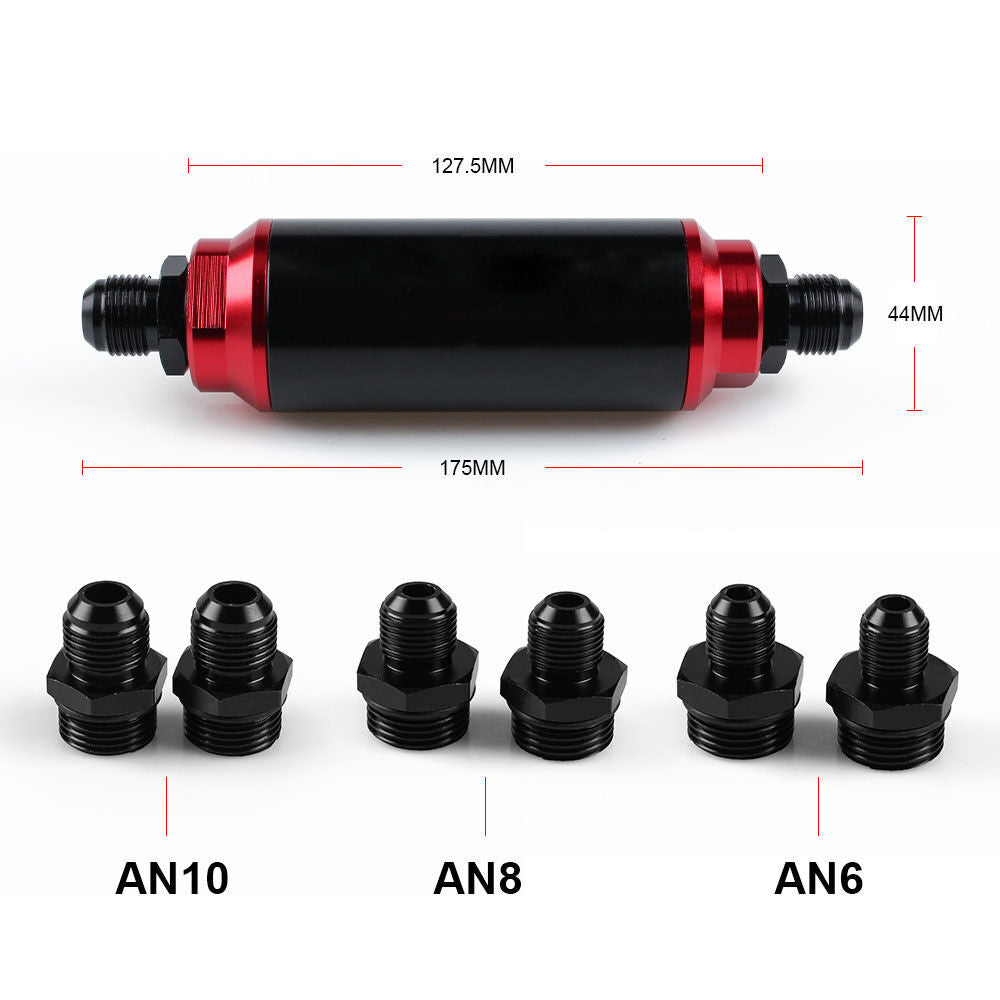 Aluminum High Flow Turbo Inline 44mm Fuel Filter 100 Micron with AN10 AN8 AN6 Q