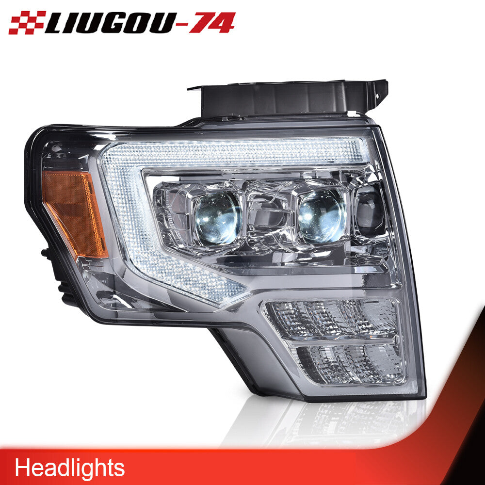 Suitable for 09-14 for Ford F150 smoked lens dual LED DRL tube projector headlights (pair).