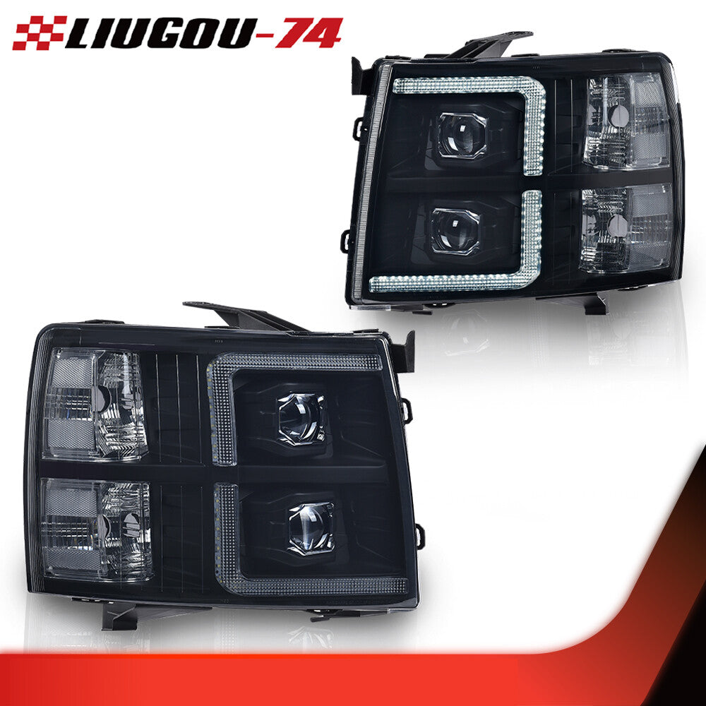 Suitable for 2007-2014 for Chevrolet Silverado smoked lens front light with black housing.