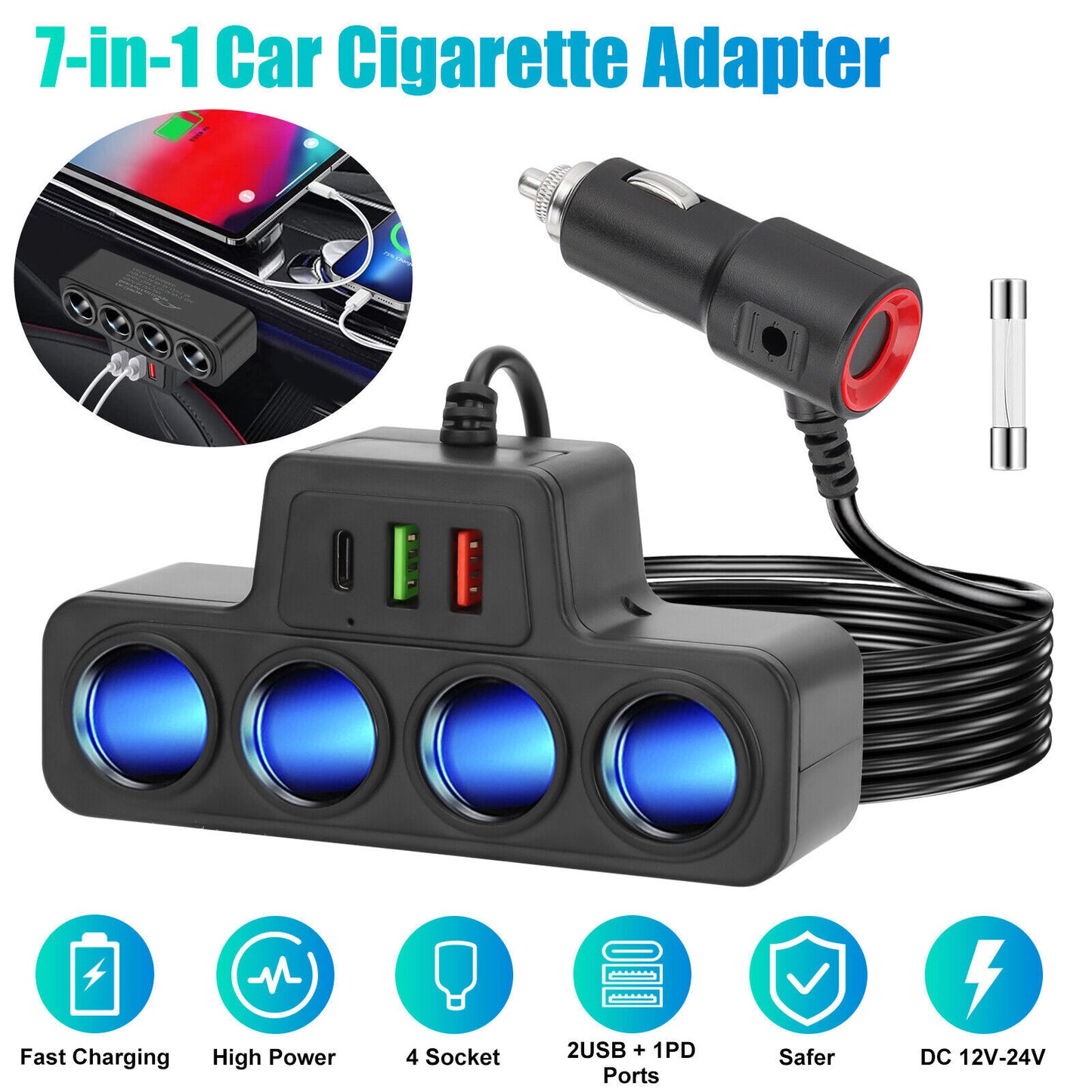 4-Socket Car Cigarette Lighter Splitter USB Fast Charger Power Adapter 12V