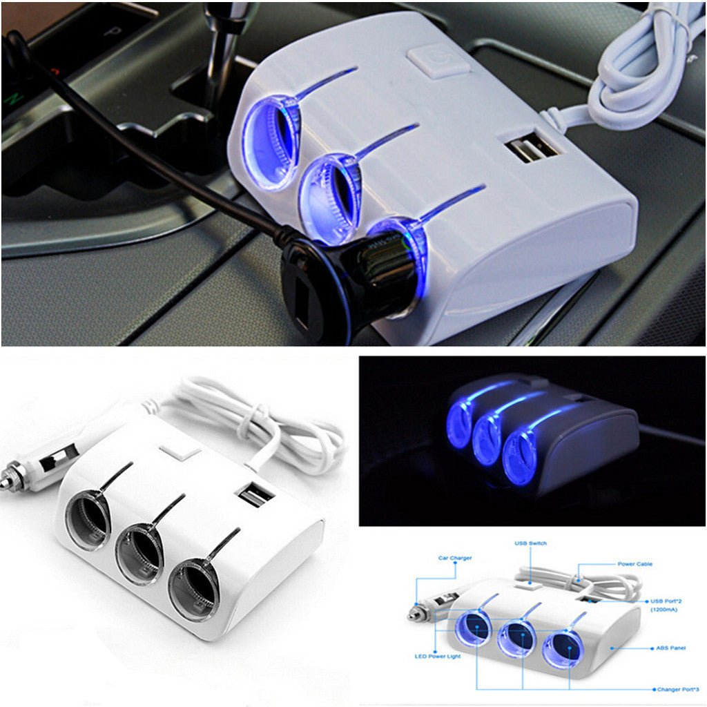 Car USB Port 3 Way Cigarette Lighter Socket Splitter Phone GPS Charger Adapter