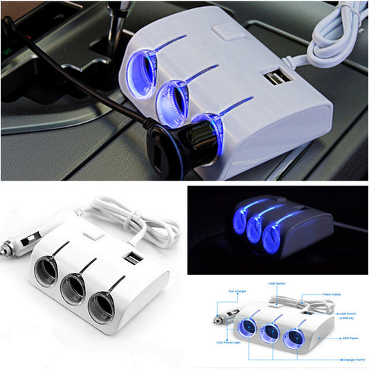 Car USB Port 3 Way Cigarette Lighter Socket Splitter Phone GPS Charger Adapter