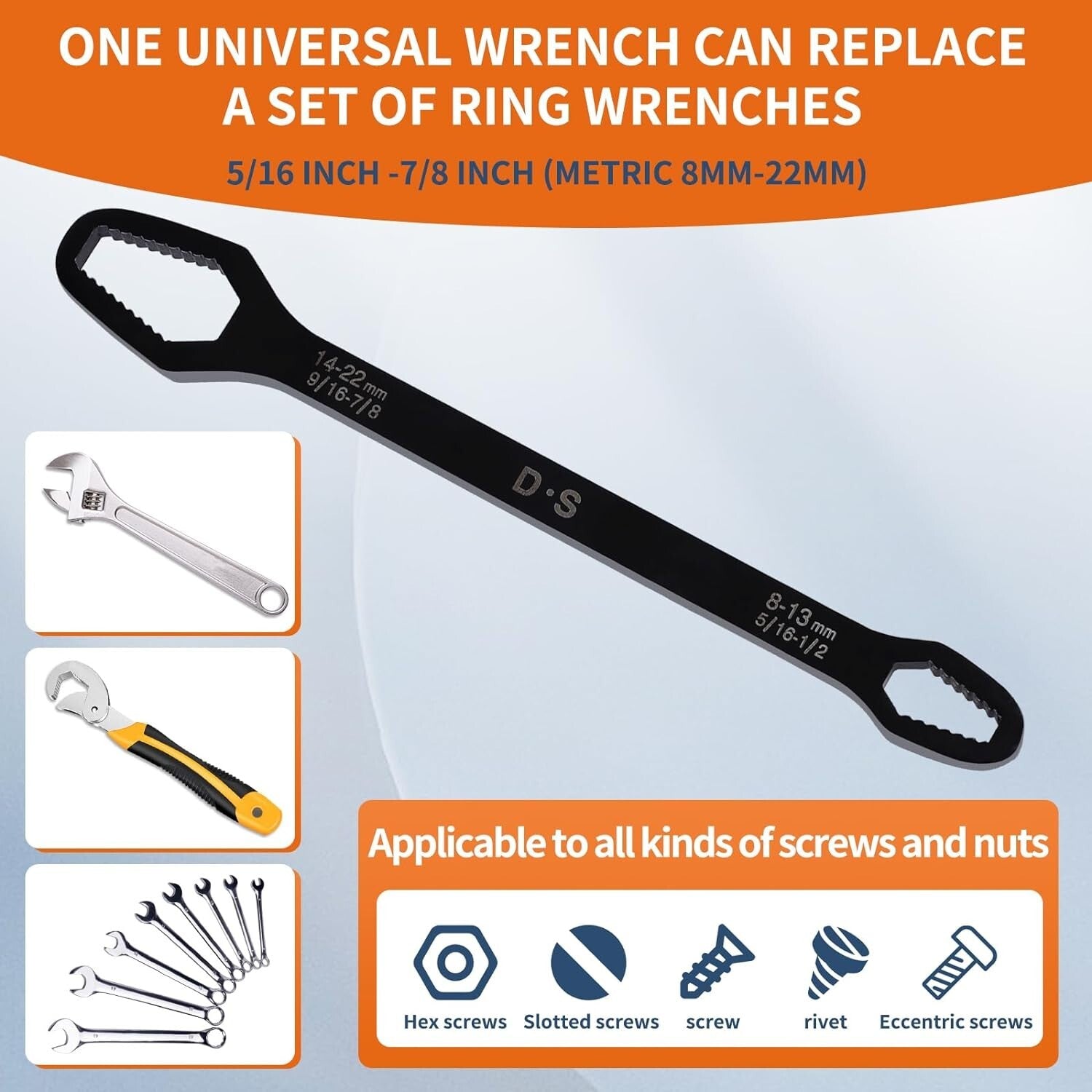 Double-Ended Wrench,5/16-7/8 IN Multifunctional Universal Self-Tightening Wrench