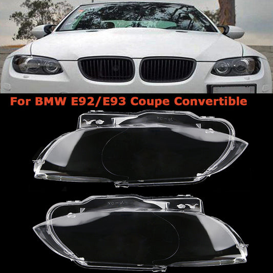 A pair of transparent headlight lens protective covers for BMW E92, E93, Coupe, and M3 (2006-2010).