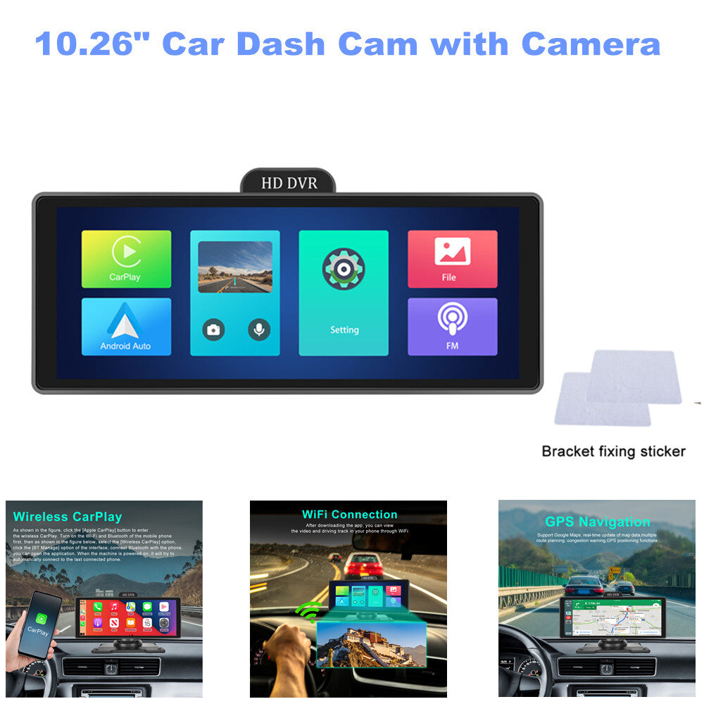 10.26-inch touchscreen car dashcam with wireless CarPlay, Android Auto radio, ADAS, and GPS. n