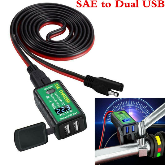Motorcycle SAE to USB Cell Phones Dual Port for Charger Cable Adapter +Voltmeter Q