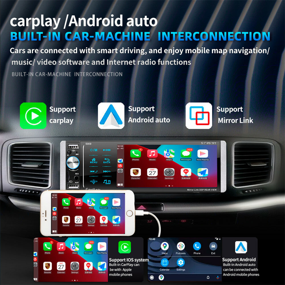 1Din 5.1in Car Stereo Radio Player Audio In-Dash Bluetooth MP3 FM AUX W/Camera