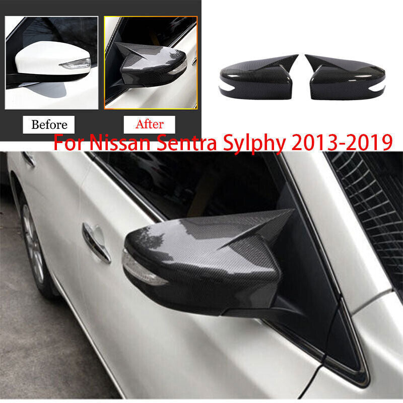 2P Carbon Fiber OX Horn Rear View Mirror Cover Trims for Nissan Sentra 2013-2019